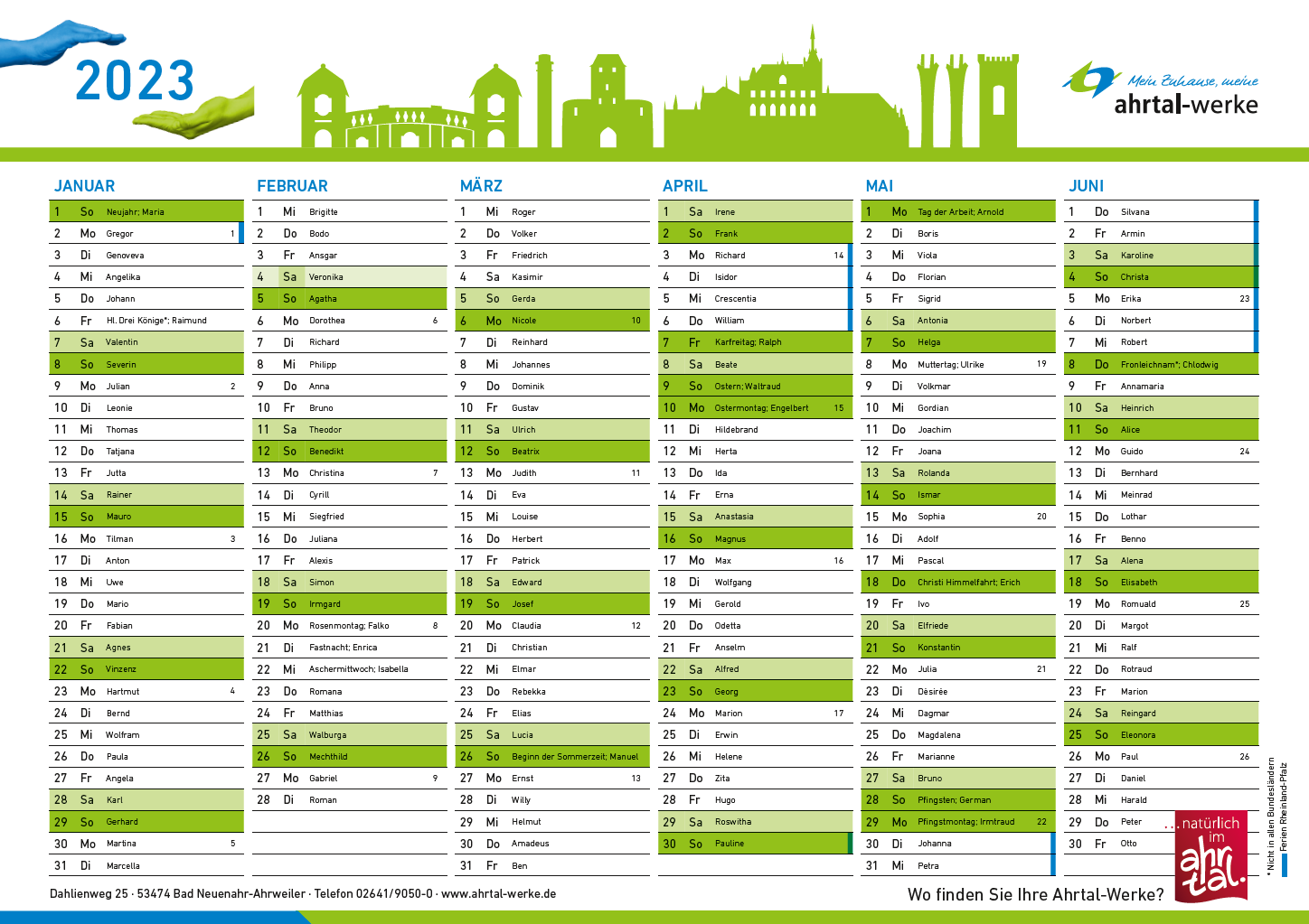 Namenstagkalender 2023, erstes Halbjahr